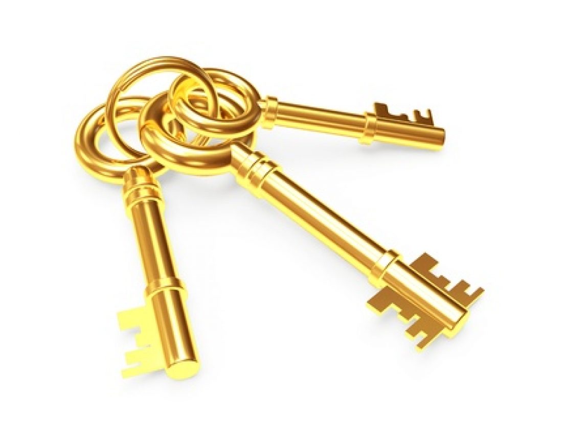 50261256 – bunch of three old golden keys isolated on white background